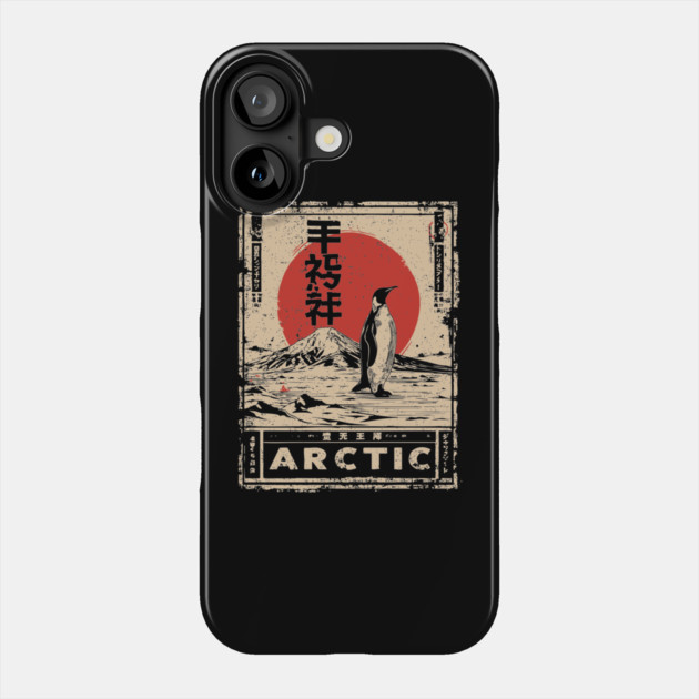 Arctic Penguin Print – Japanese Minimalist Ukiyo-e Poster with Red Sun Phone Case by TuncGK