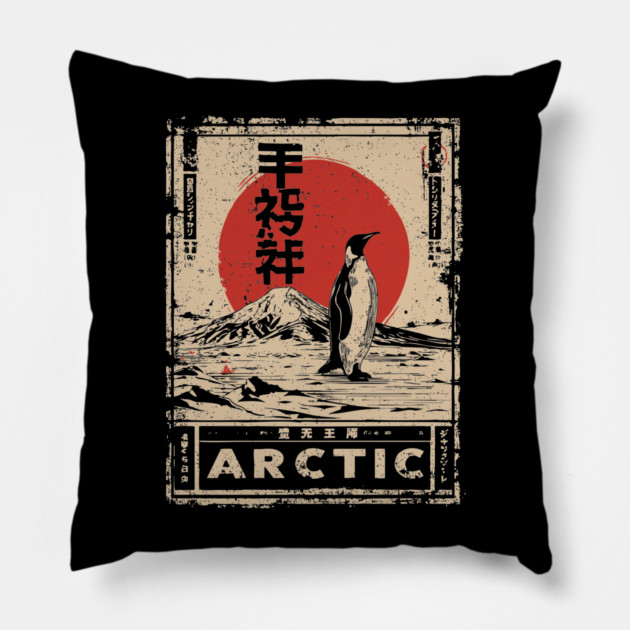 Arctic Penguin Print – Japanese Minimalist Ukiyo-e Poster with Red Sun Pillow by TuncGK