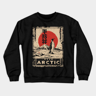 Arctic Penguin Print – Japanese Minimalist Ukiyo-e Poster with Red Sun Crewneck Sweatshirt