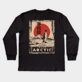 Arctic Penguin Print – Japanese Minimalist Ukiyo-e Poster with Red Sun Kids Long Sleeve T-Shirt