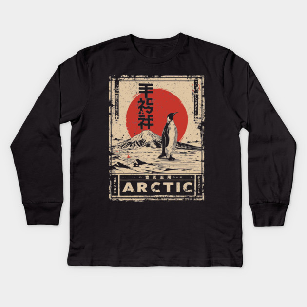 Arctic Penguin Print – Japanese Minimalist Ukiyo-e Poster with Red Sun Kids Long Sleeve T-Shirt by TuncGK