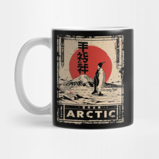Arctic Penguin Print – Japanese Minimalist Ukiyo-e Poster with Red Sun Mug