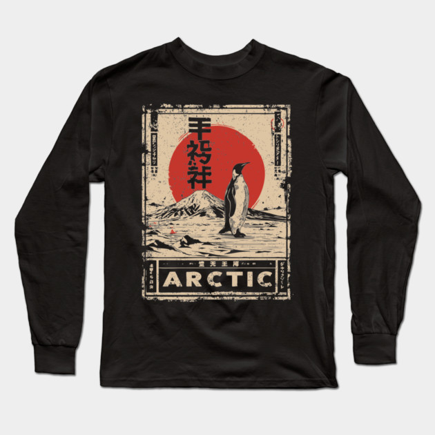 Arctic Penguin Print – Japanese Minimalist Ukiyo-e Poster with Red Sun Long Sleeve T-Shirt by TuncGK