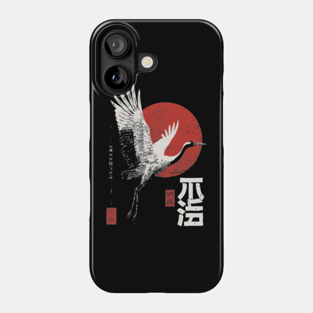 Japanese Crane with Rising Sun – Sumi-e Minimalist Woodblock Poster Phone Case by TuncGK