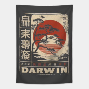 Darwin Tree of Life – Vintage Japanese Risograph-Inspired Evolution Poster Tapestry