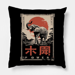 Elephant Power Poster – Vintage Japanese Woodblock Minimalist Animal Art Pillow
