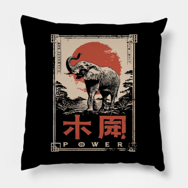 Elephant Power Poster – Vintage Japanese Woodblock Minimalist Animal Art Pillow by TuncGK