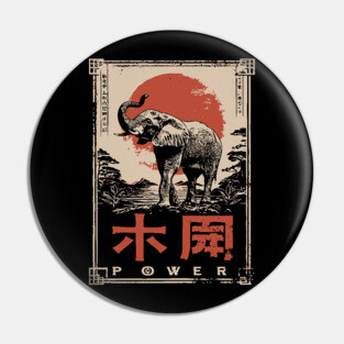 Elephant Power Poster – Vintage Japanese Woodblock Minimalist Animal Art Pin