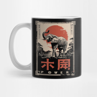 Elephant Power Poster – Vintage Japanese Woodblock Minimalist Animal Art Mug