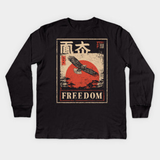 Japanese Freedom Eagle – Vintage Ukiyo-e Inspired Warrior Bird Print Kids Long Sleeve T-Shirt