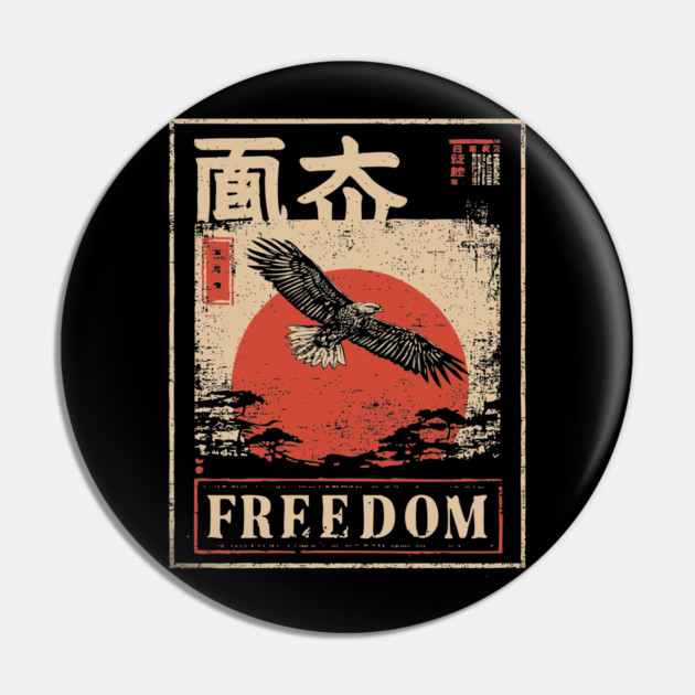 Japanese Freedom Eagle – Vintage Ukiyo-e Inspired Warrior Bird Print Pin by TuncGK