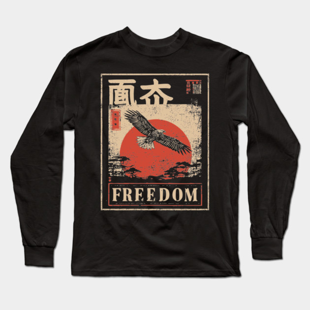 Japanese Freedom Eagle – Vintage Ukiyo-e Inspired Warrior Bird Print Long Sleeve T-Shirt by TuncGK