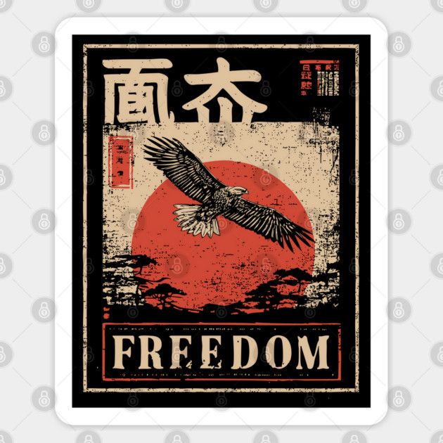 Japanese Freedom Eagle – Vintage Ukiyo-e Inspired Warrior Bird Print Sticker by TuncGK