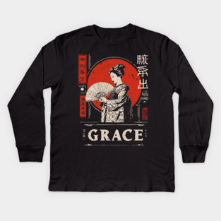 Graceful Geisha Poster – Minimalist Japanese Vintage Beauty Illustration Kids Long Sleeve T-Shirt