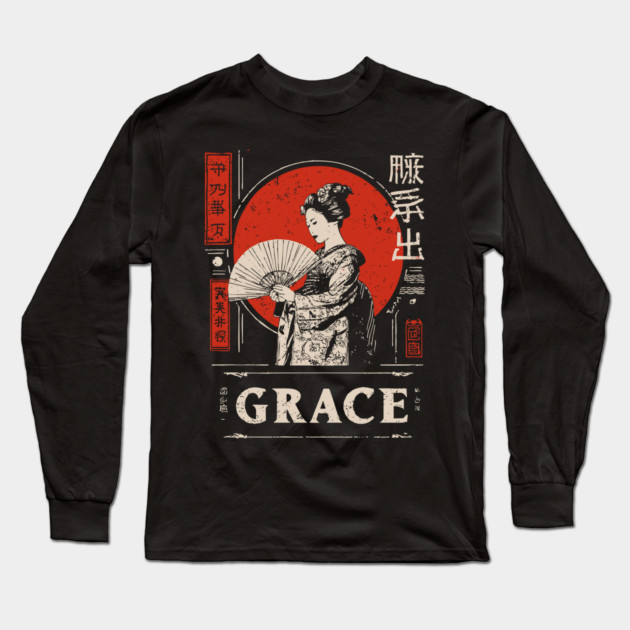 Graceful Geisha Poster – Minimalist Japanese Vintage Beauty Illustration Long Sleeve T-Shirt by TuncGK