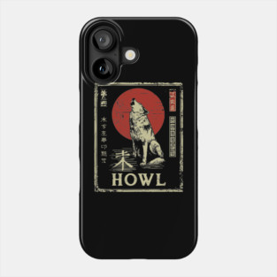 Howling Wolf Under Red Sun – Minimalist Japanese Ukiyo-e Nature Poster Phone Case