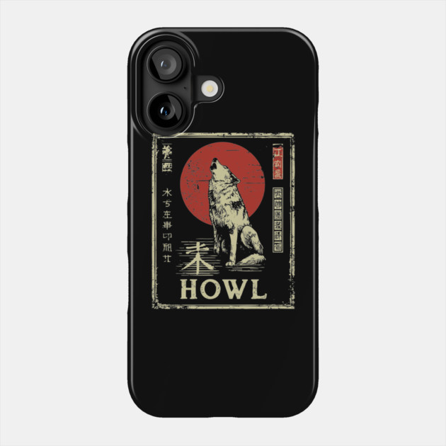 Howling Wolf Under Red Sun – Minimalist Japanese Ukiyo-e Nature Poster Phone Case by TuncGK