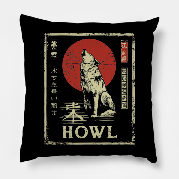 Howling Wolf Under Red Sun – Minimalist Japanese Ukiyo-e Nature Poster Pillow by TuncGK