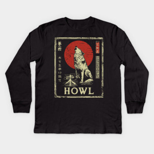 Howling Wolf Under Red Sun – Minimalist Japanese Ukiyo-e Nature Poster Kids Long Sleeve T-Shirt