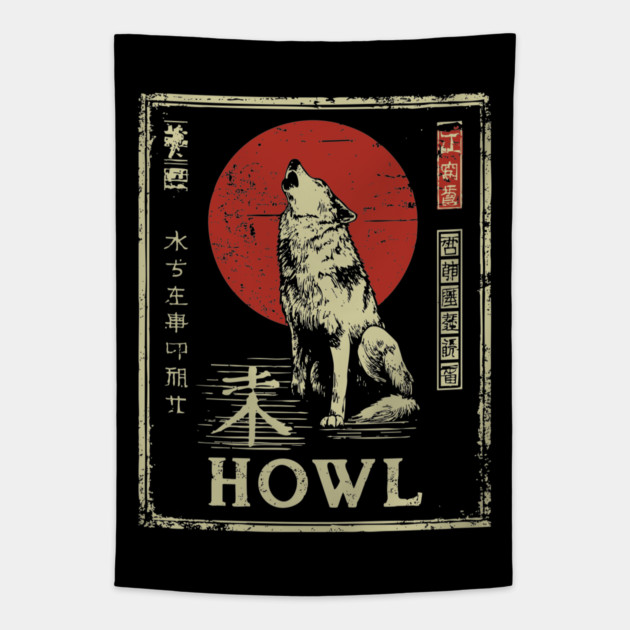 Howling Wolf Under Red Sun – Minimalist Japanese Ukiyo-e Nature Poster Tapestry by TuncGK