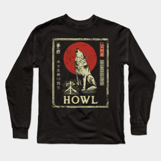 Howling Wolf Under Red Sun – Minimalist Japanese Ukiyo-e Nature Poster Long Sleeve T-Shirt