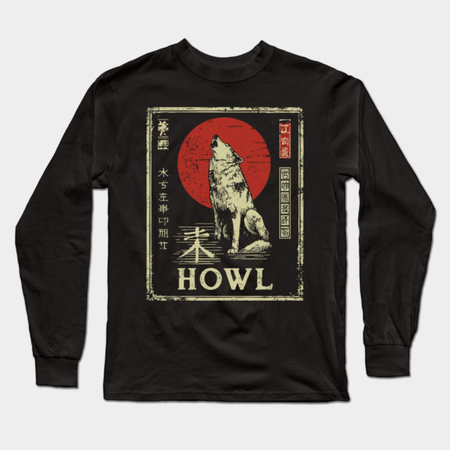 Howling Wolf Under Red Sun – Minimalist Japanese Ukiyo-e Nature Poster Long Sleeve T-Shirt by TuncGK