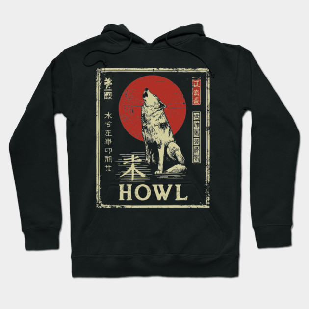 Howling Wolf Under Red Sun – Minimalist Japanese Ukiyo-e Nature Poster Hoodie by TuncGK