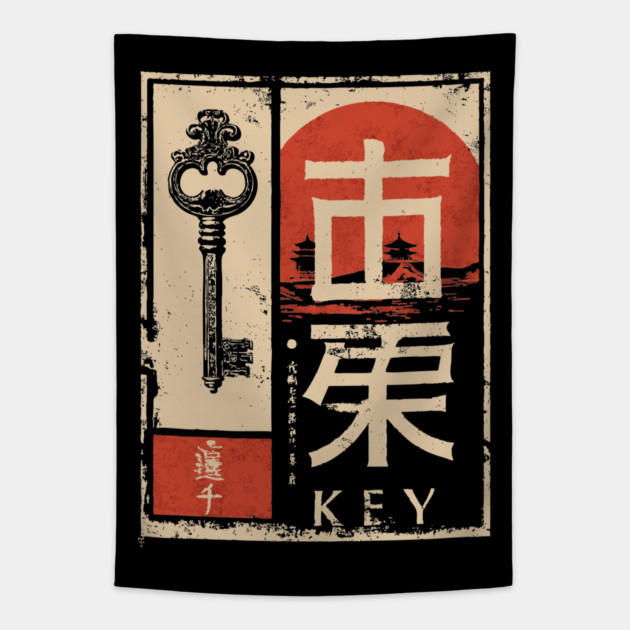 The Key – Minimalist Vintage Japanese Symbolic Print Tapestry by TuncGK