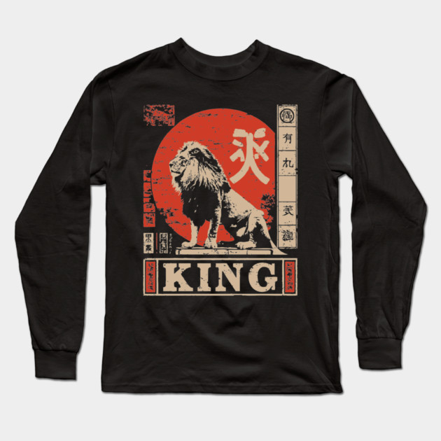 Lion King Poster – Japanese Minimalist Power Animal Print with Red Sun Long Sleeve T-Shirt by TuncGK