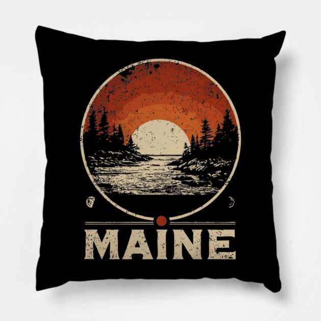 Maine Sunset Poster – Japanese Woodblock-Inspired Nature Landscape Print Pillow by TuncGK