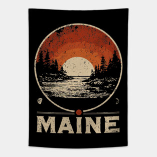Maine Sunset Poster – Japanese Woodblock-Inspired Nature Landscape Print Tapestry