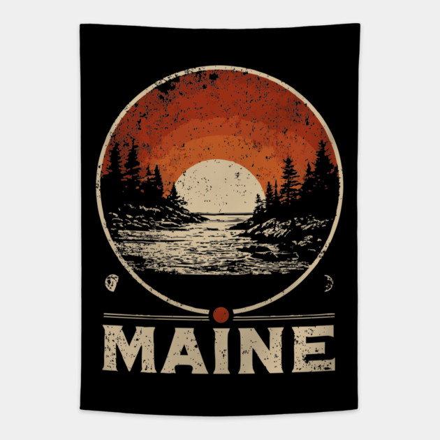 Maine Sunset Poster – Japanese Woodblock-Inspired Nature Landscape Print Tapestry by TuncGK