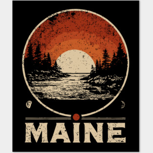 Maine Sunset Poster – Japanese Woodblock-Inspired Nature Landscape Print Posters and Art