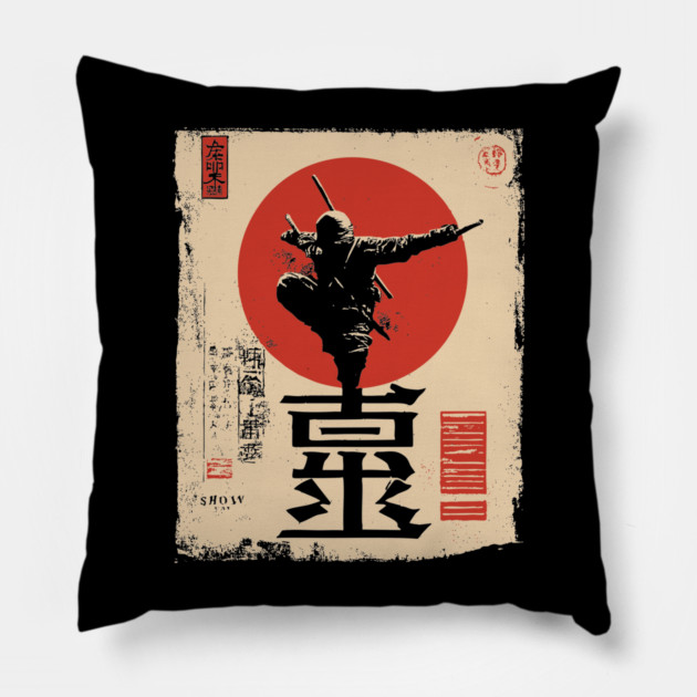 Stealth Ninja Poster – Japanese Minimalist Warrior Art with Red Sun Pillow by TuncGK