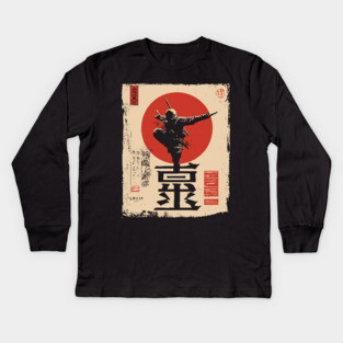Stealth Ninja Poster – Japanese Minimalist Warrior Art with Red Sun Kids Long Sleeve T-Shirt