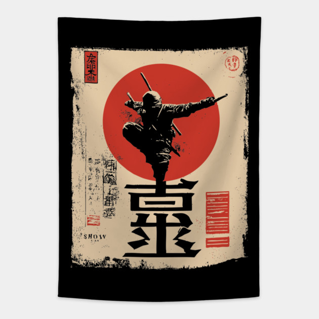 Stealth Ninja Poster – Japanese Minimalist Warrior Art with Red Sun Tapestry by TuncGK