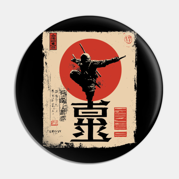 Stealth Ninja Poster – Japanese Minimalist Warrior Art with Red Sun Pin by TuncGK