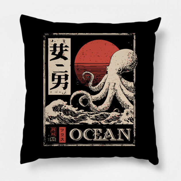 Octopus Ocean Poster – Minimalist Japanese Marine Creature Print Pillow by TuncGK