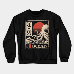 Octopus Ocean Poster – Minimalist Japanese Marine Creature Print Crewneck Sweatshirt