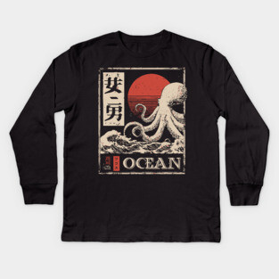 Octopus Ocean Poster – Minimalist Japanese Marine Creature Print Kids Long Sleeve T-Shirt