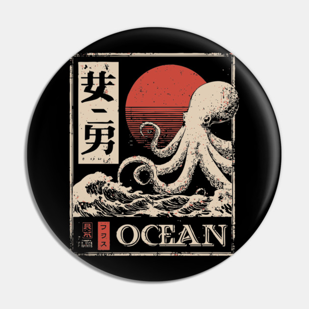 Octopus Ocean Poster – Minimalist Japanese Marine Creature Print Pin by TuncGK