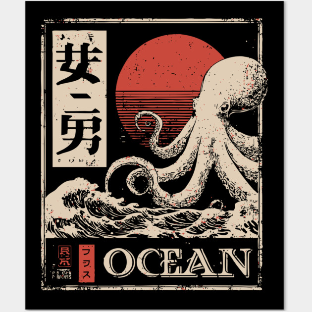 Octopus Ocean Poster – Minimalist Japanese Marine Creature Print Wall Art by TuncGK