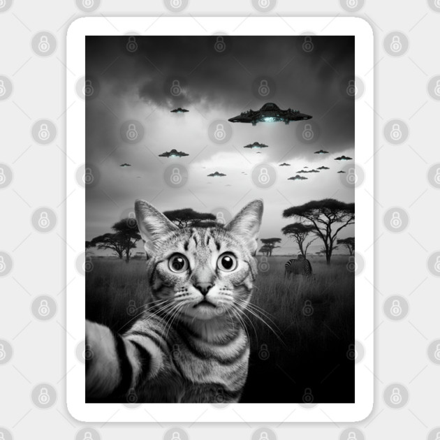Selfie of Funny Cat And Aliens UFOs in African Savanna Sticker by Megadorim