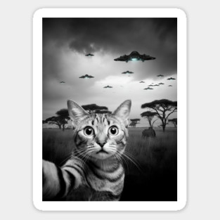 Selfie of Funny Cat And Aliens UFOs in African Savanna Magnet