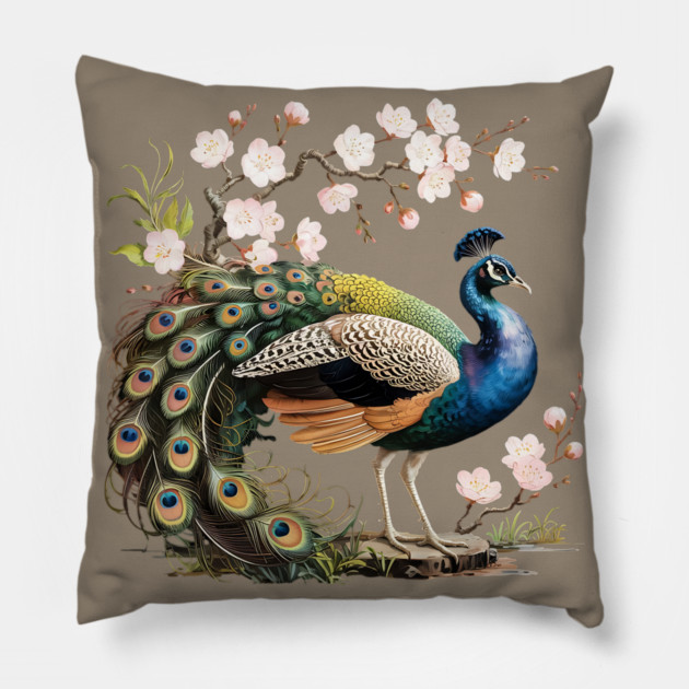 Peacock Standing Beneath Blooming Cherry Blossoms Pillow by BirdsnStuff