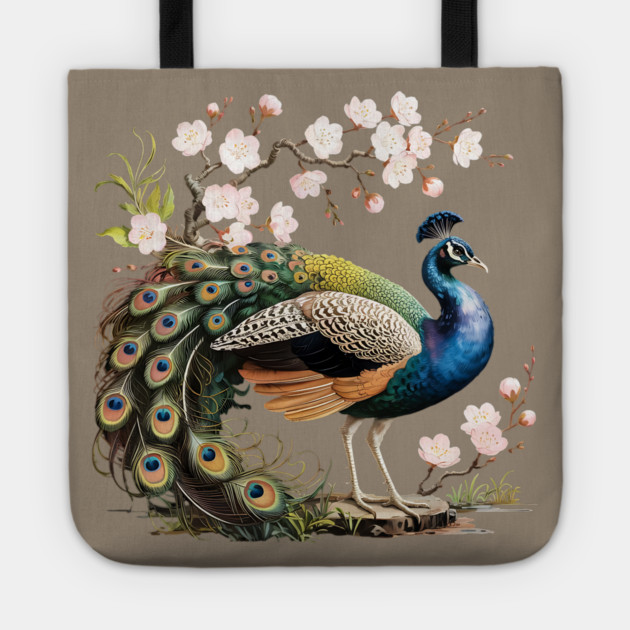 Peacock Standing Beneath Blooming Cherry Blossoms Tote by BirdsnStuff