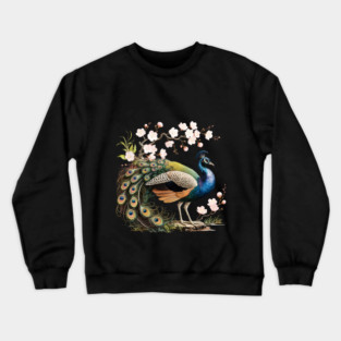 Peacock Standing Beneath Blooming Cherry Blossoms Crewneck Sweatshirt