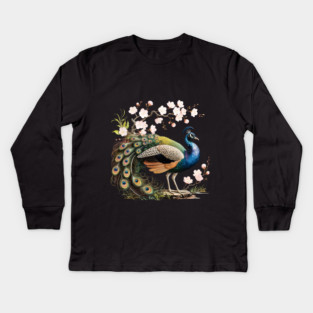 Peacock Standing Beneath Blooming Cherry Blossoms Kids Long Sleeve T-Shirt