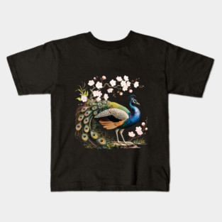 Peacock Standing Beneath Blooming Cherry Blossoms Kids T-Shirt