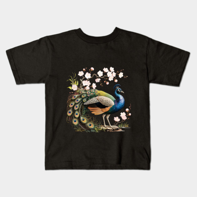 Peacock Standing Beneath Blooming Cherry Blossoms Kids T-Shirt by BirdsnStuff